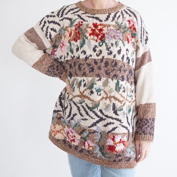 Vintage Tiara Cream Brown Knit Floral Knit Cotton Blend Crewneck Sweater XL - Picture 2 of 13